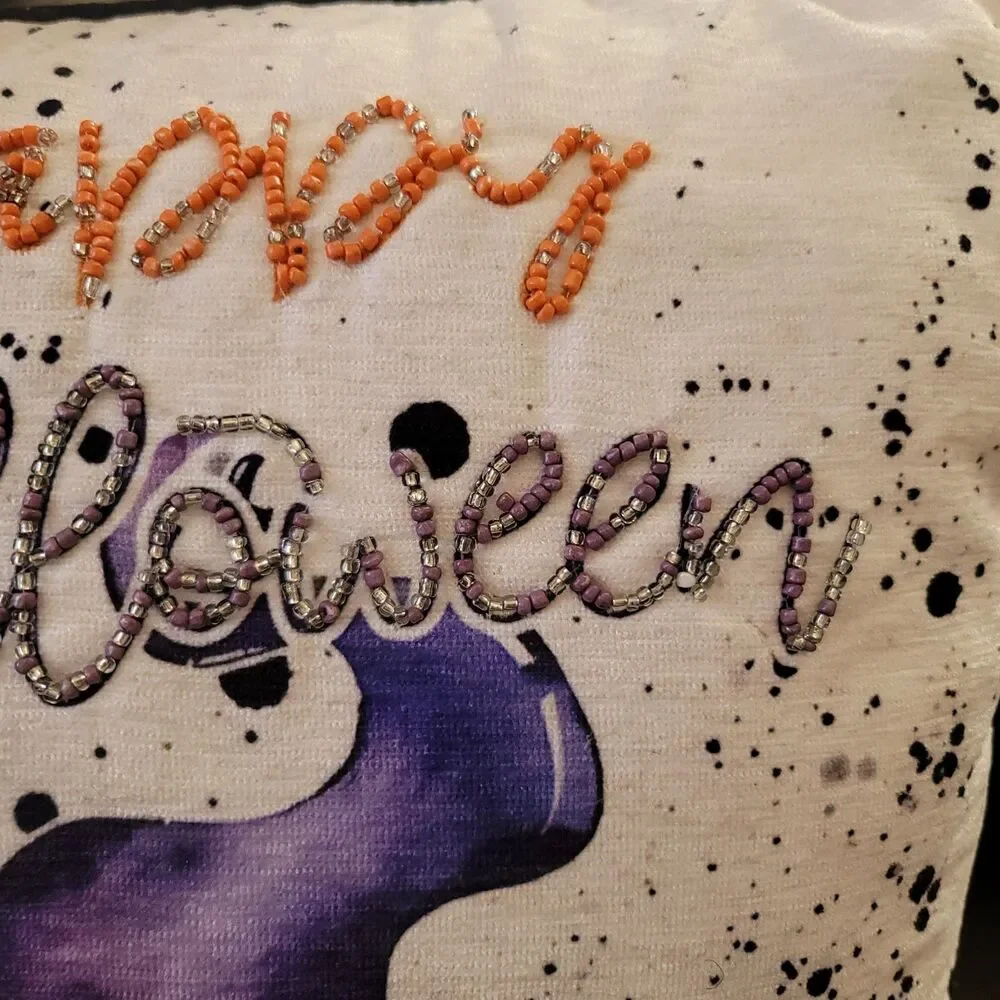 Halloween White Embellished Throw Pillow 14.5 x 14.5 Beaded Witch Hat Pumpkin